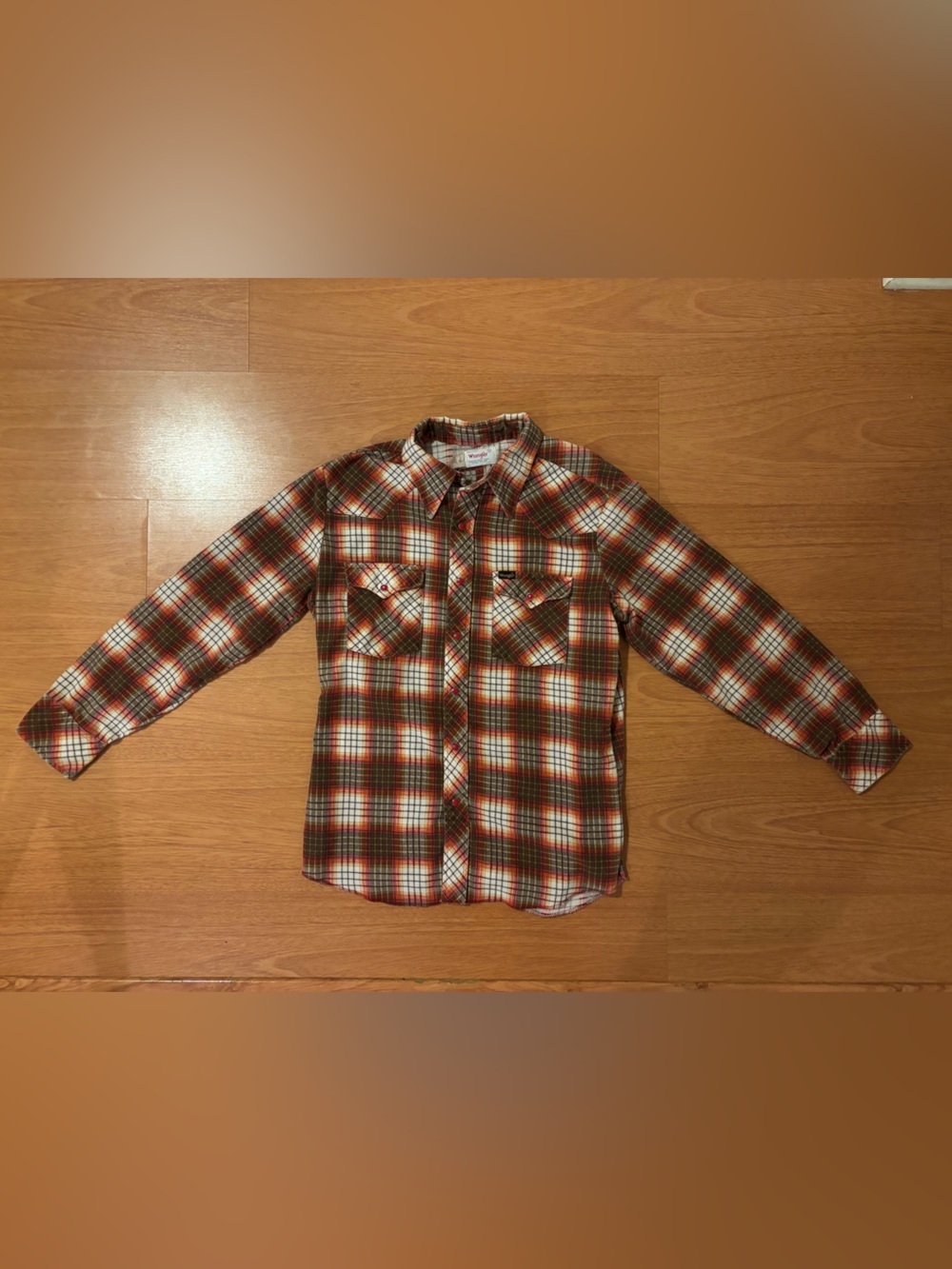 Wrangler Western Style Plaid Button-Up Shirt in Red, Orange, Gray & Cream